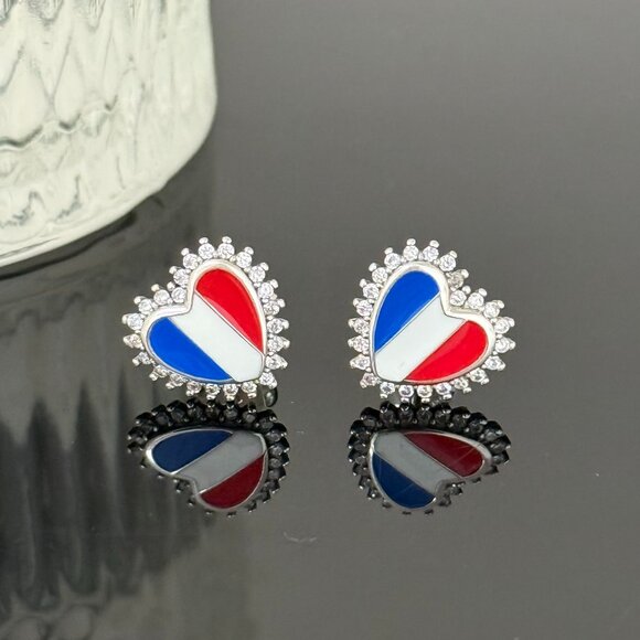Jewelry - France Flag Earrings Heart bling S925 Sterling Silver Handmade Ear Stud